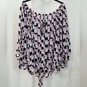 Cato 22w/24w 3x Checkered Black Pink Women's Georgette Top Blouse Tie Front